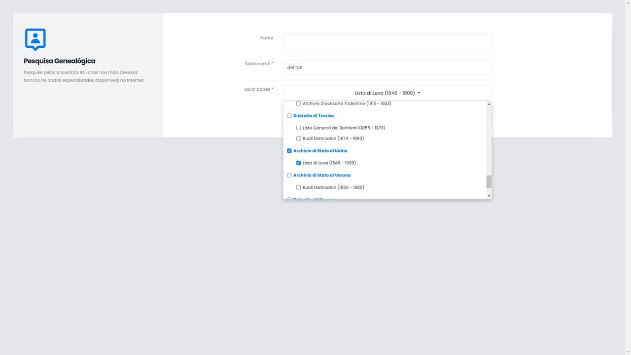 Plataforma de busca de antepassados italianos em listas militares em diversos sites de pesquisa do gênero e em banco de dados próprio.
