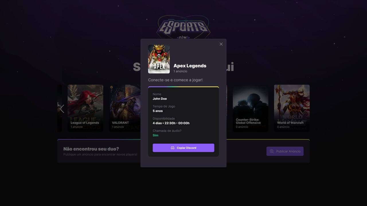 Projeto desenvolvido durante o NLW eSports da Rocketseat®. 