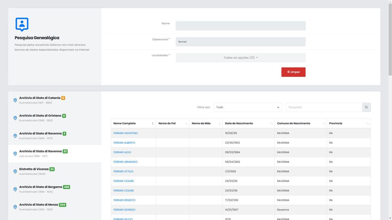 Plataforma de busca de antepassados italianos em listas militares em diversos sites de pesquisa do gênero e em banco de dados próprio.