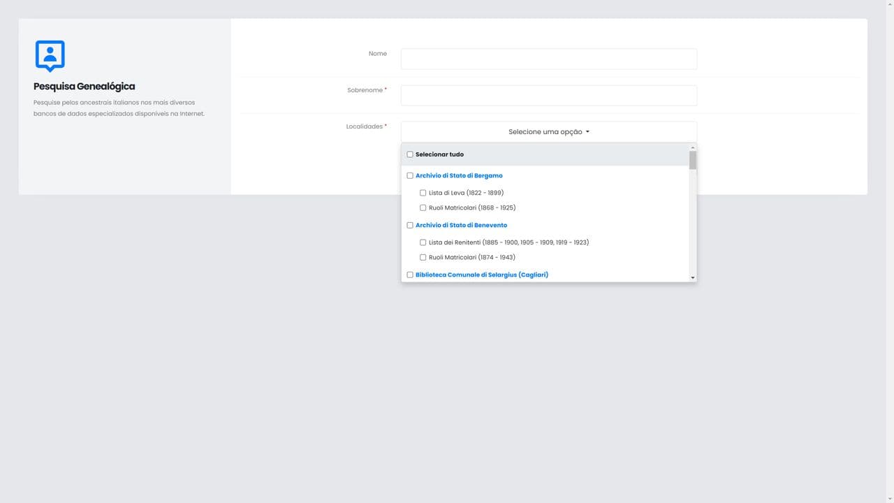 Plataforma de busca de antepassados italianos em listas militares em diversos sites de pesquisa do gênero e em banco de dados próprio.