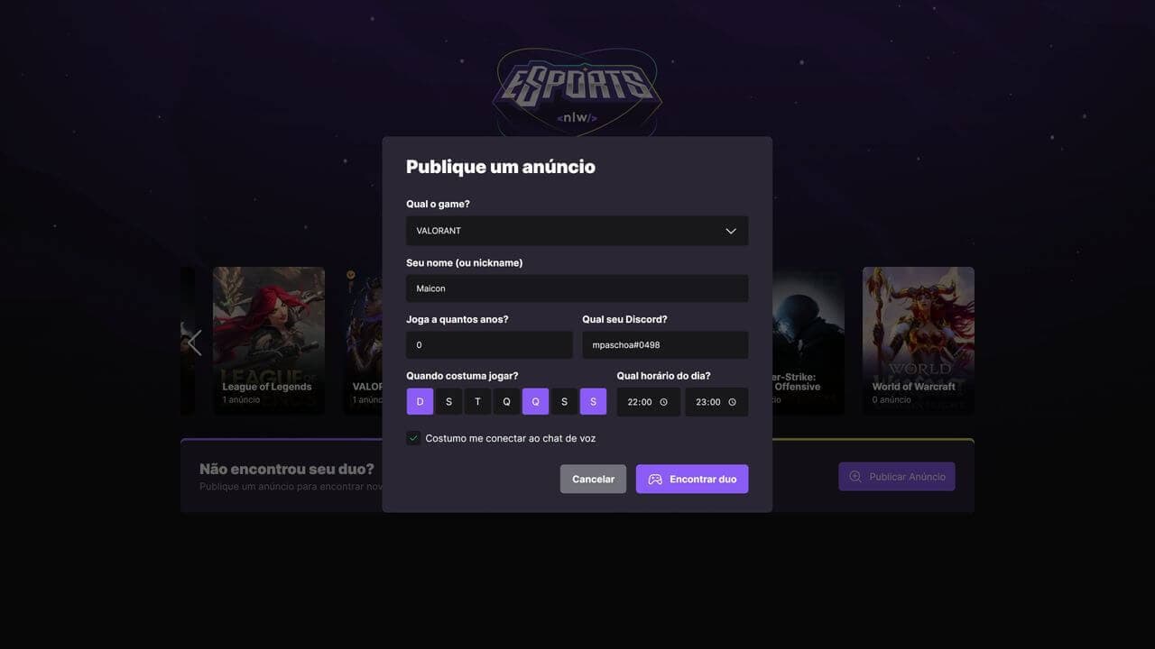 Projeto desenvolvido durante o NLW eSports da Rocketseat®. 