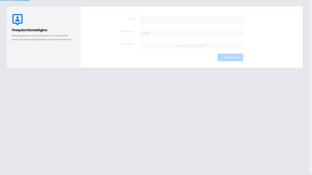 Plataforma de busca de antepassados italianos em listas militares em diversos sites de pesquisa do gênero e em banco de dados próprio.