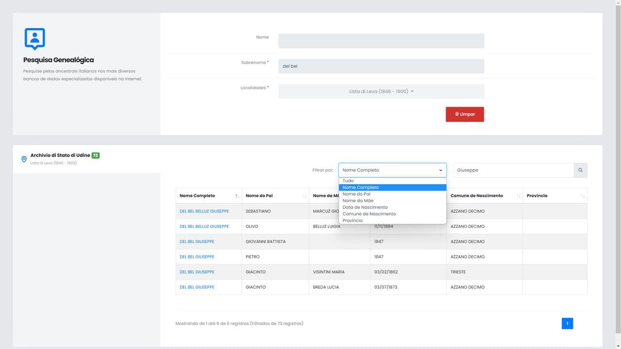 Plataforma de busca de antepassados italianos em listas militares em diversos sites de pesquisa do gênero e em banco de dados próprio.