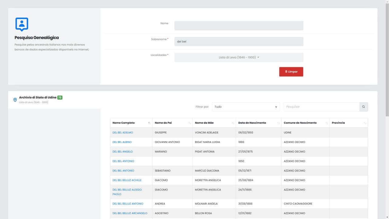 Plataforma de busca de antepassados italianos em listas militares em diversos sites de pesquisa do gênero e em banco de dados próprio.