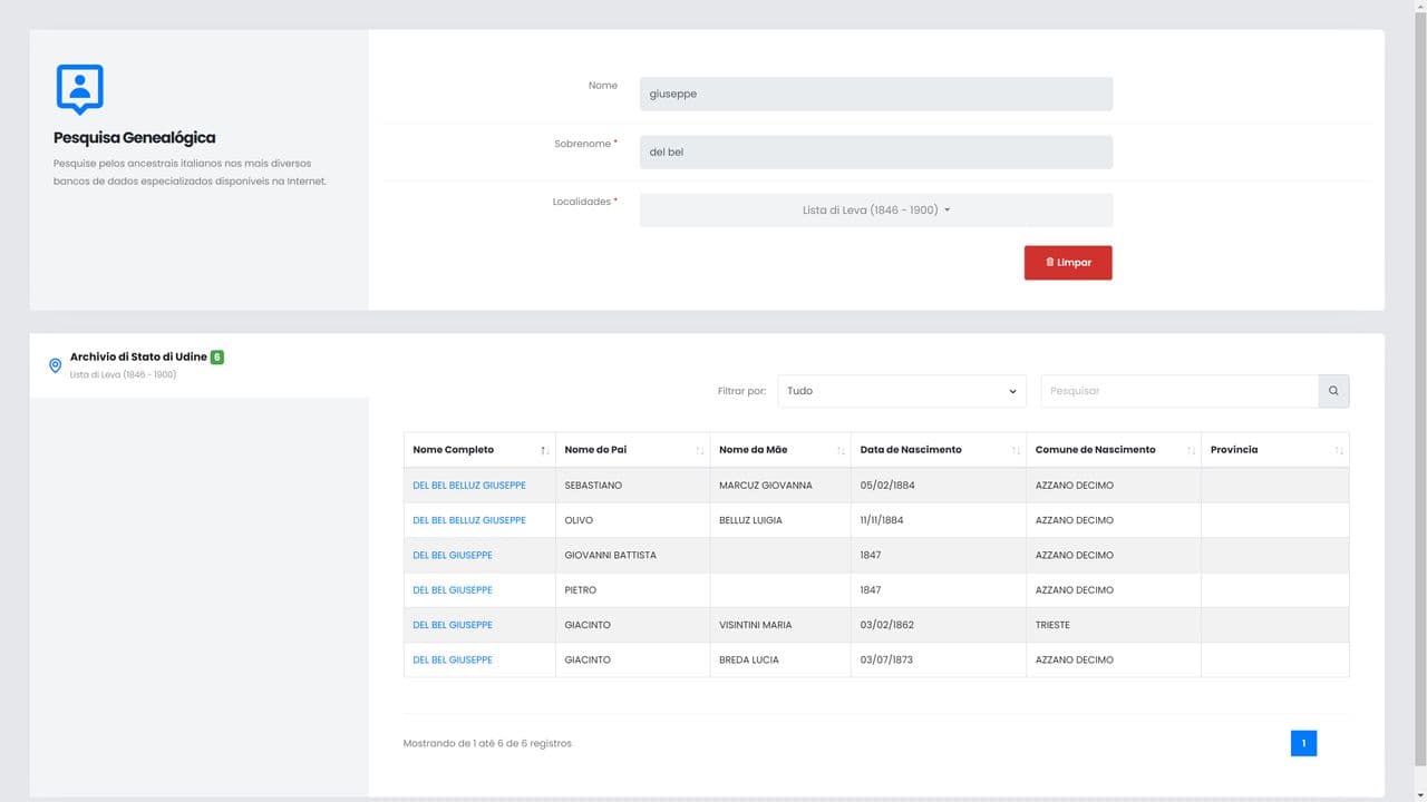 Plataforma de busca de antepassados italianos em listas militares em diversos sites de pesquisa do gênero e em banco de dados próprio.